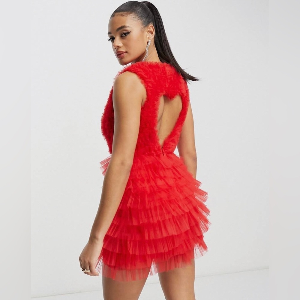 UK Based-Lace & Beads heart cut-out back tulle mini dress in red,Size M-LIKE NEW - Picture 3 of 4